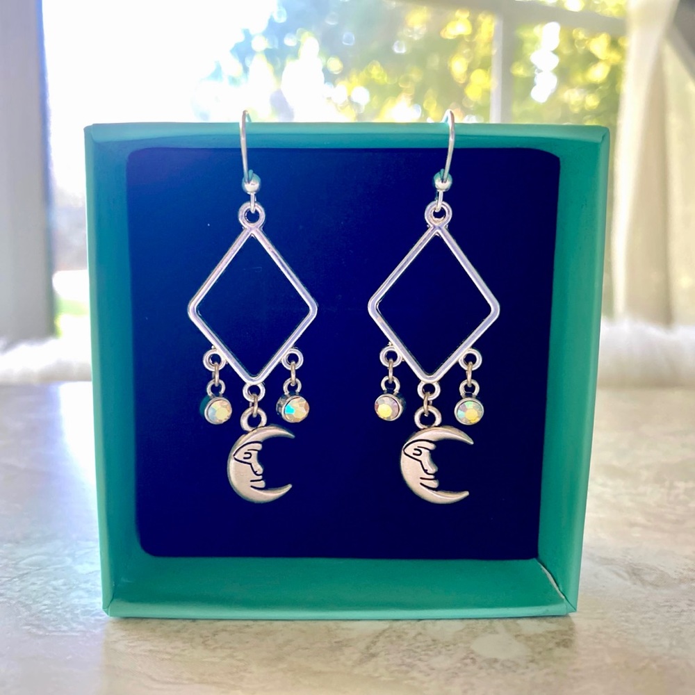 Silver Drop Earrings with Crescent Moon and AB Crystal Charms
